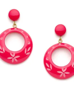 Splendette Carved Drop Hoop Earrings - Raspberry