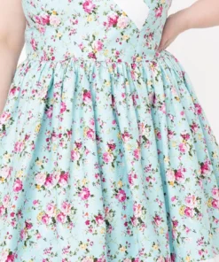 Unique Vintage Darienne Swing Dress - Blue/Pink Floral