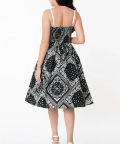 Unique Vintage Rockie Swing Dress - Black Paisley Print
