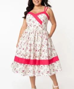 Unique Vintage Darienne Swing Dress - White/Pink Floral