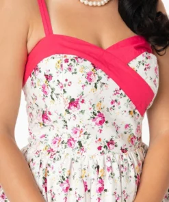 Unique Vintage Darienne Swing Dress - White/Pink Floral