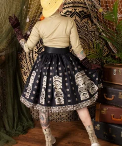 The Oblong Box Shop Brown Sneaky Tiki Novelty Print Gathered Skirt